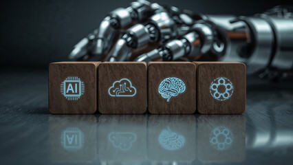 Robot s Metal Hand Introduces the Future of AI Cloud Brain and Technology Wooden Blocks on transparent background