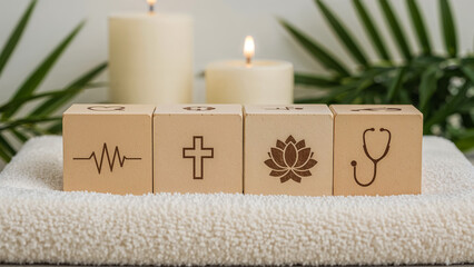 Symbolic wooden blocks representing life faith inner peace and health are arranged on a soft on transparent background