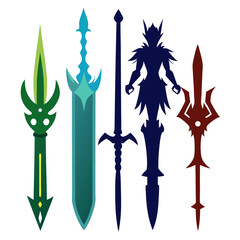 Fantasy weapons collection green blue dark blue maroon swords spears
