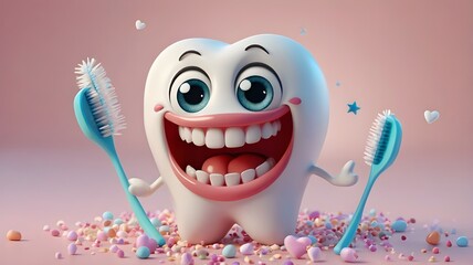 3D render of a smiling cartoon tooth with big eyes, wearing braces, holding a tiny toothbrush, surrounded by floating stars and hearts,Generative Ai

