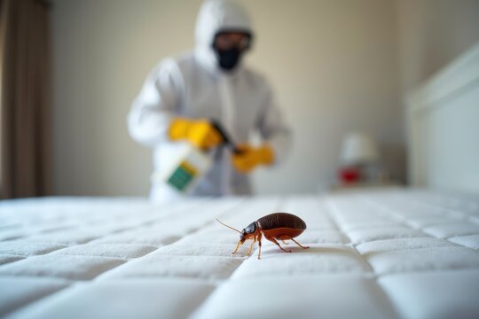 Insecticide application on a bed bug infested mattress - close-up shot of insect crawling out with person in protective gear in background.