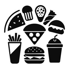 Fast food icons burger fries pizza drink watermelon