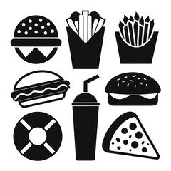 Fast food icons burgers fries drink pizza french fries