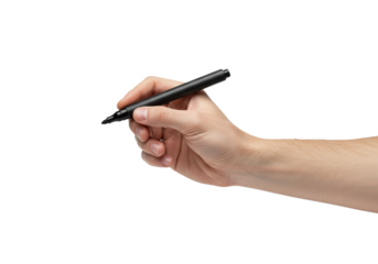 A male hand with fair skin and light arm hair precisely holds a black marker pen, poised above an unseen surface against a transparent background with copy space, subtle shadow from studio