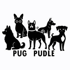 Fototapeta premium Five black dog silhouettes with text white