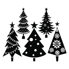Five stylized Christmas trees with festive decorations