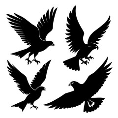 Four black falcon silhouettes in flight hawk bird