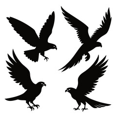 Four black falcon silhouettes in flight hawk bird