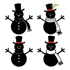 Four black snowmen with hats and scarves snowman winter