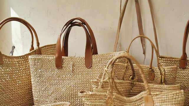 Stylish raffia bags with leather handles sitting on wooden table