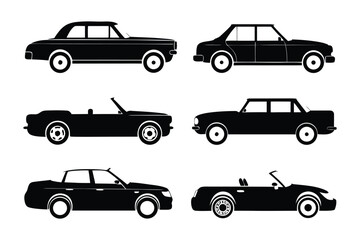 Classic Car Silhouettes: Collection of six classic car silhouettes, showcasing different car body styles including sedan, convertible, and coupe.  Perfect for automotive design projects.