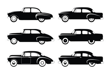 Classic Car Silhouettes: Six elegant silhouettes of classic cars, showcasing their timeless design and retro appeal. Ideal for vintage-themed projects and automotive designs.