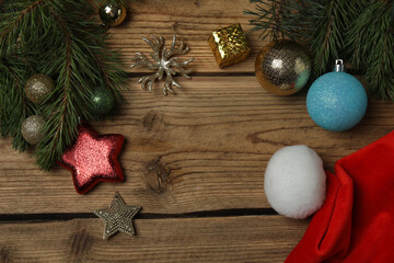 Gift boxes, New Year toys, New Year tree on wooden background