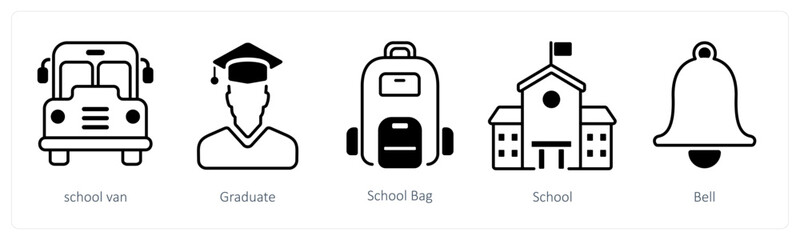 A set of 5 mix icons as school van, graduate, school bag
