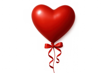 Heart-shaped red balloon floating, streaming ribbons dancing, symbolizing romantic sentiments against clean transparent backdrop