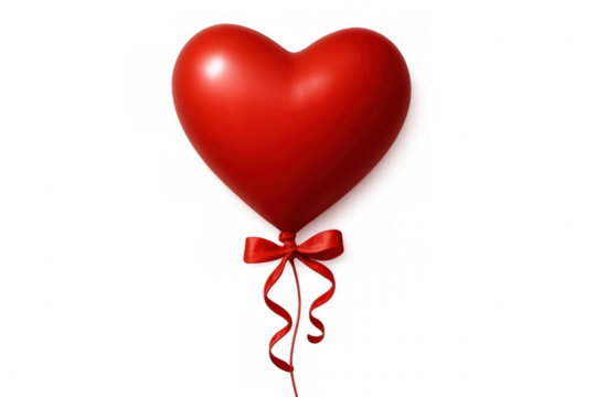 Heart-shaped red balloon floating, streaming ribbons dancing, symbolizing romantic sentiments against clean transparent backdrop