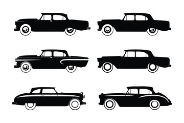Vintage Car Silhouettes: A set of six classic vintage cars in stylish black silhouettes, a nod to timeless automobile design, suitable for any automotive concept.