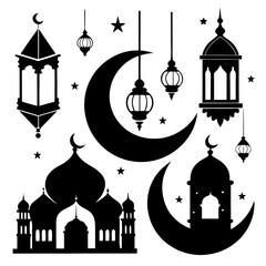 Islamic crescent moons mosques lanterns stars vector