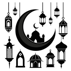 Islamic crescent moon mosque and lanterns Ramadan