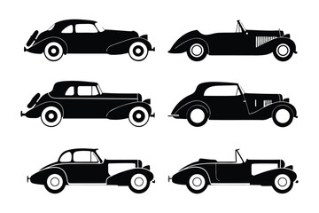 Classic Car Silhouettes: A collection of six classic car silhouettes, showcasing a variety of vintage car body styles. Perfect for automotive design projects, vintage themes.