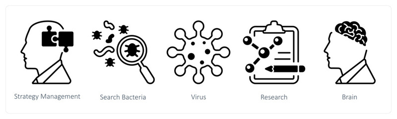 A set of 5 mix icons as strategy management, search bacteria, virus