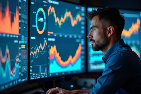 Visualizing Financial Data: A Data Analyst Surrounded by Live KPI Dashboard Screens with Colorful Graphs and Charts - Powered by Adobe