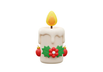 Ivory Christmas Candle with Holly Berries and a Flower on Transparent Background
