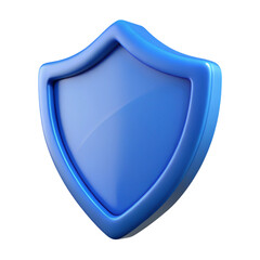 A glossy 3d render of a blue shield on a black background representing protection