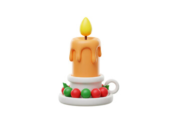Festive Candle with Flame on White Base and Christmas Decorative Ornaments Rendering