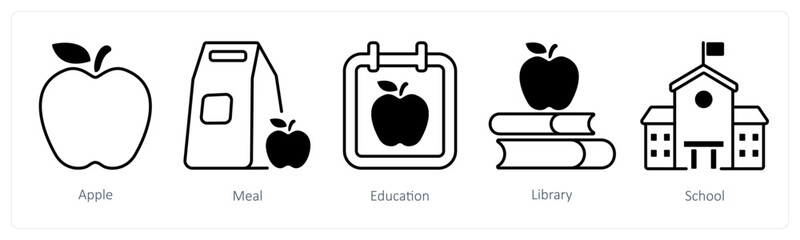 A set of 5 mix icons as apple, meal, education