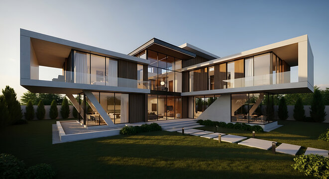 A striking contemporary luxury house featuring clean lines, large glass windows, and a unique cantilevered design, set amidst a green lawn. Ideal for real estate, design, or architectural concepts.
