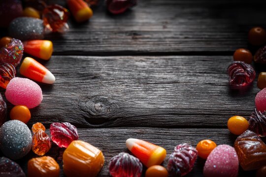 Halloween candy border on a rustic wooden surface