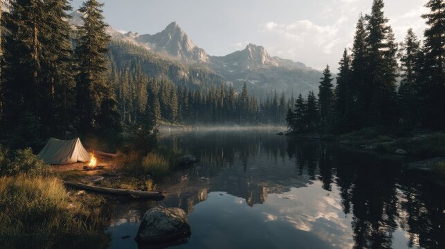 Peaceful camping scene by alpine lake with glowing tent and forest reflection under soft morning light perfect for outdoor lifestyle ads, travel posters and nature getaway visuals