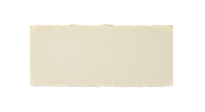 A single, horizontally oriented light beige paper with torn, ragged edges and subtle creases, natural texture, isolated on a pure transparent background with copy space, top-down view. Concept for