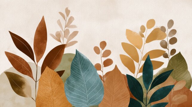 Watercolor illustration of abstract autumn leaves in warm earthy tones on textured background perfect for seasonal cards, botanical design and creative fall-themed visuals