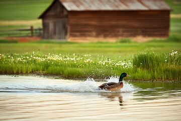 Duck Swimming with Barn in the Background