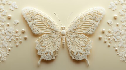 Elegant lace with butterfly design cream background pearl accents. Wedding invitation card decor.