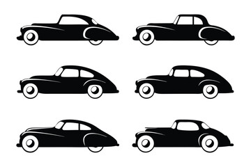 Vintage Car Icons: Six vector icons showcases sleek lines of classic cars in silhouette on simple art.