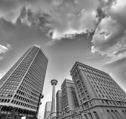 Downtown Calgary streets and buildings at sunset, Alberta