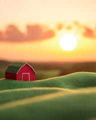miniature of Hand craft paper art  barn with Serene Sunset on Rolling Green Hills in Warm Glow
