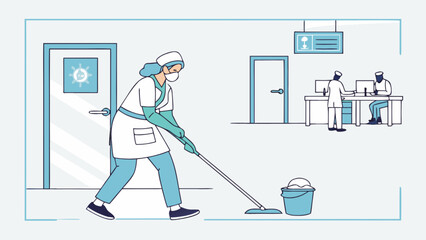 Obraz premium Hospital cleaning service worker mopping floor for infection control and hygiene maintenance in healthcare facility