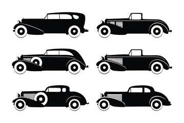 Fototapeta premium Vintage Cars Silhouette: A stylish collection of meticulously illustrated vintage cars, set against a plain background. Each car silhouette radiates sophistication and automotive history.