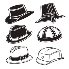 Six black and white hat illustrations hats headwear