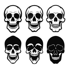 Six black and white human skull graphics skeleton death