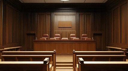 Empty courtroom with wooden paneling and benches awaiting trial - Powered by Adobe