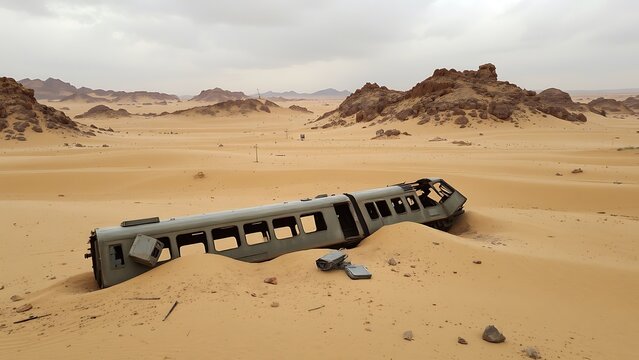 Desert Wasteland - Overgrown Train Wreck Scene, Arid Landscape for Travel Blogs and Environmental Disaster Awareness Campaigns, Depicts Desolation and Decay, with a Touch of Post-Apocalyptic Style.