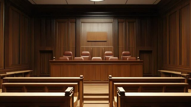 Empty courtroom with wooden paneling and benches awaiting trial