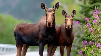 Fototapeta premium Two moose stand majestically in nature near wildflowers, a charming wildlife moment with natural green background.
