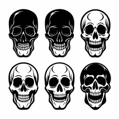 Six human skull silhouettes black and white skeleton