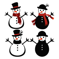 Snowman characters with hats and scarves winter holiday